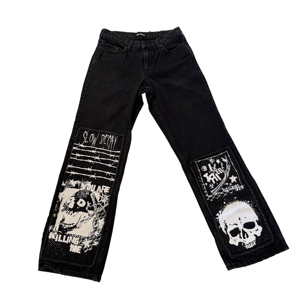 HOT‎ TOPIC Black Jeans Mens 28x31 Slow Decay Skulls Skater Goth Punk Wide Leg - Picture 2 of 11